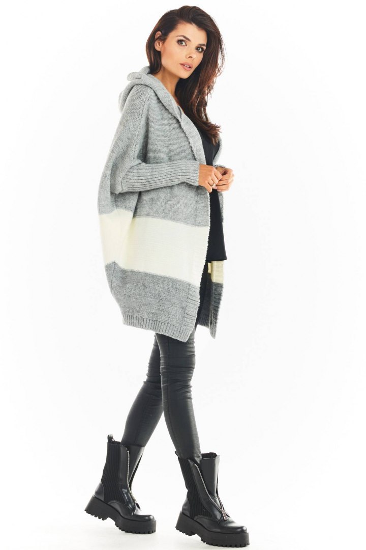 Długi kardigan damski oversize bez zapięcia z kapturem szary A392 Długi kardigan damski oversize bez zapięcia z kapturem szary A392