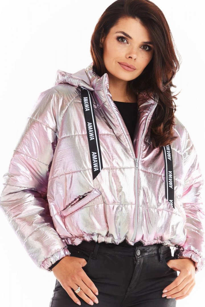 Pikowana kurtka damska holograficzna z kapturem krótka różowa A388