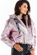 Pikowana kurtka damska holograficzna z kapturem krótka różowa A388