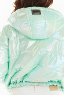 Pikowana kurtka damska holograficzna z kapturem krótka miętowa A388