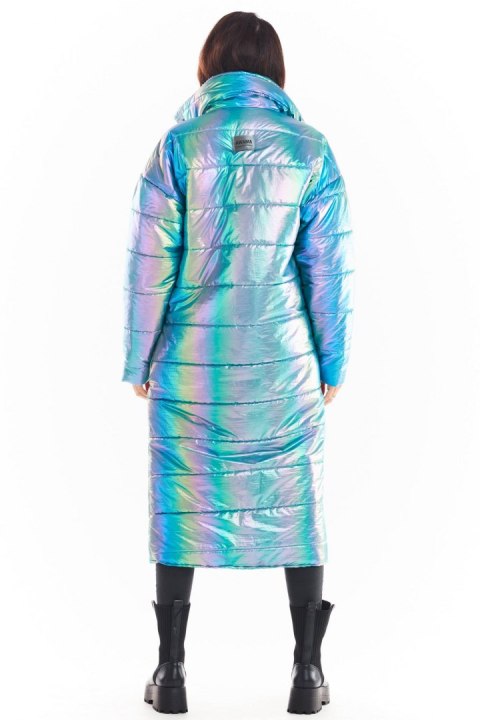 Prosty holograficzny płaszcz damski z wysokim kołnierz oraz kieszeniami niebieski A387 Prosty holograficzny płaszcz damski z wysokim kołnierz oraz kieszeniami niebieski A387