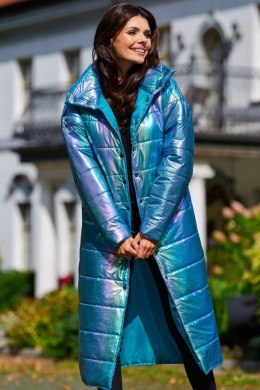 Płaszcz damski holograficzny zapinany z kołnierzem niebieski A387