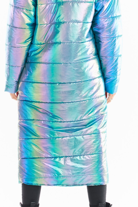 Prosty holograficzny płaszcz damski z wysokim kołnierz oraz kieszeniami niebieski A387 Prosty holograficzny płaszcz damski z wysokim kołnierz oraz kieszeniami niebieski A387