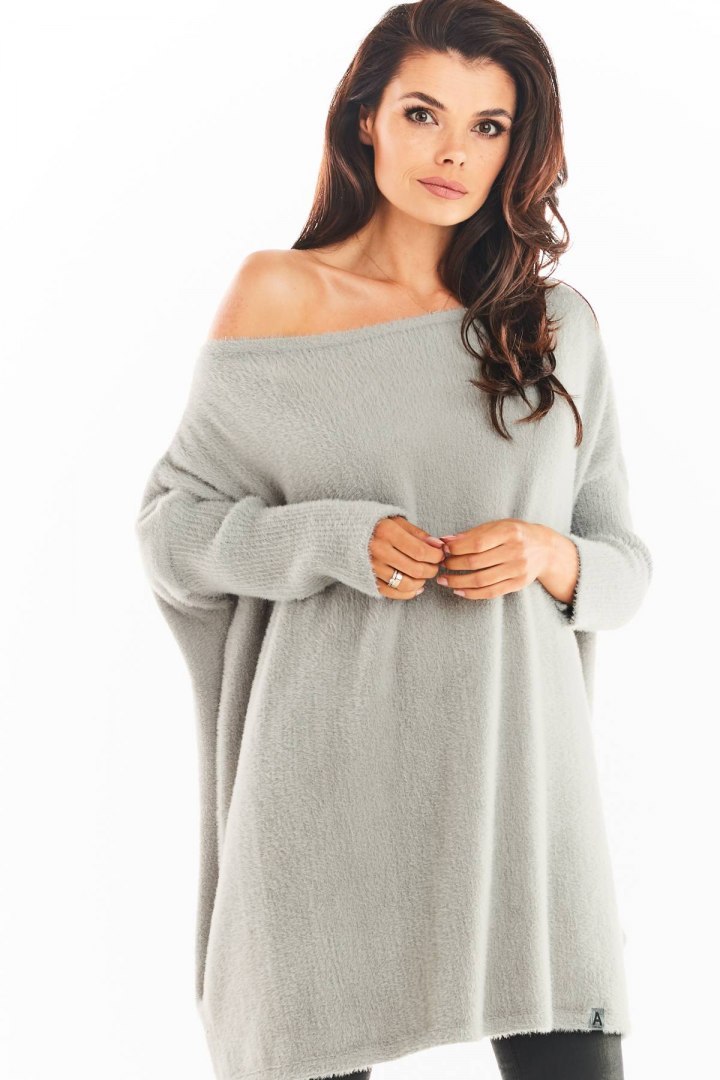 Sukienka swetrowa mini oversize z długim rękawem szara A397 Sukienka swetrowa mini oversize z długim rękawem szara A397