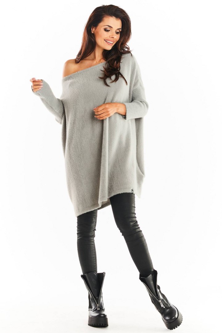 Sukienka swetrowa mini oversize z długim rękawem szara A397 Sukienka swetrowa mini oversize z długim rękawem szara A397