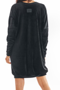 Sukienka welurowa mini z długim rękawem i dekoltem V czarna A378