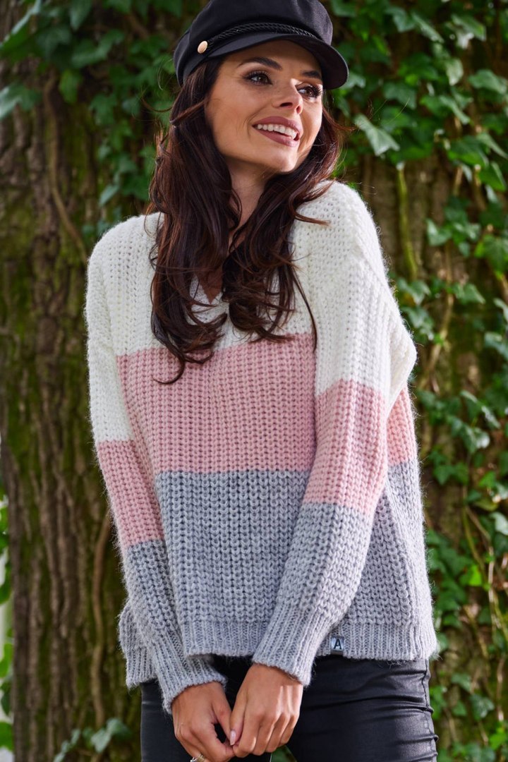 Sweter damski trzykolorowy z dekoltem V i ściągaczem różowy A390 Sweter damski trzykolorowy z dekoltem V i ściągaczem różowy A390