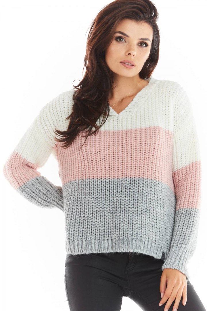 Sweter damski trzykolorowy z dekoltem V i ściągaczem różowy A390 Sweter damski trzykolorowy z dekoltem V i ściągaczem różowy A390