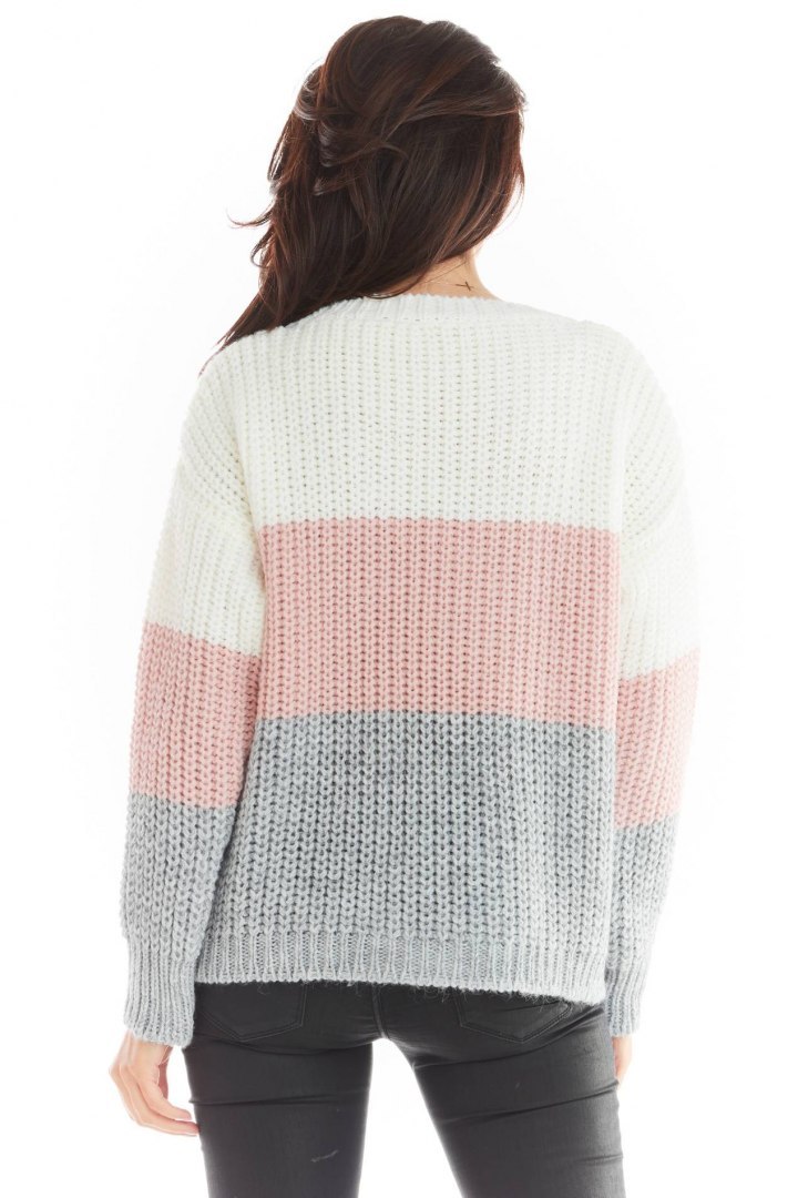 Sweter damski trzykolorowy z dekoltem V i ściągaczem różowy A390 Sweter damski trzykolorowy z dekoltem V i ściągaczem różowy A390
