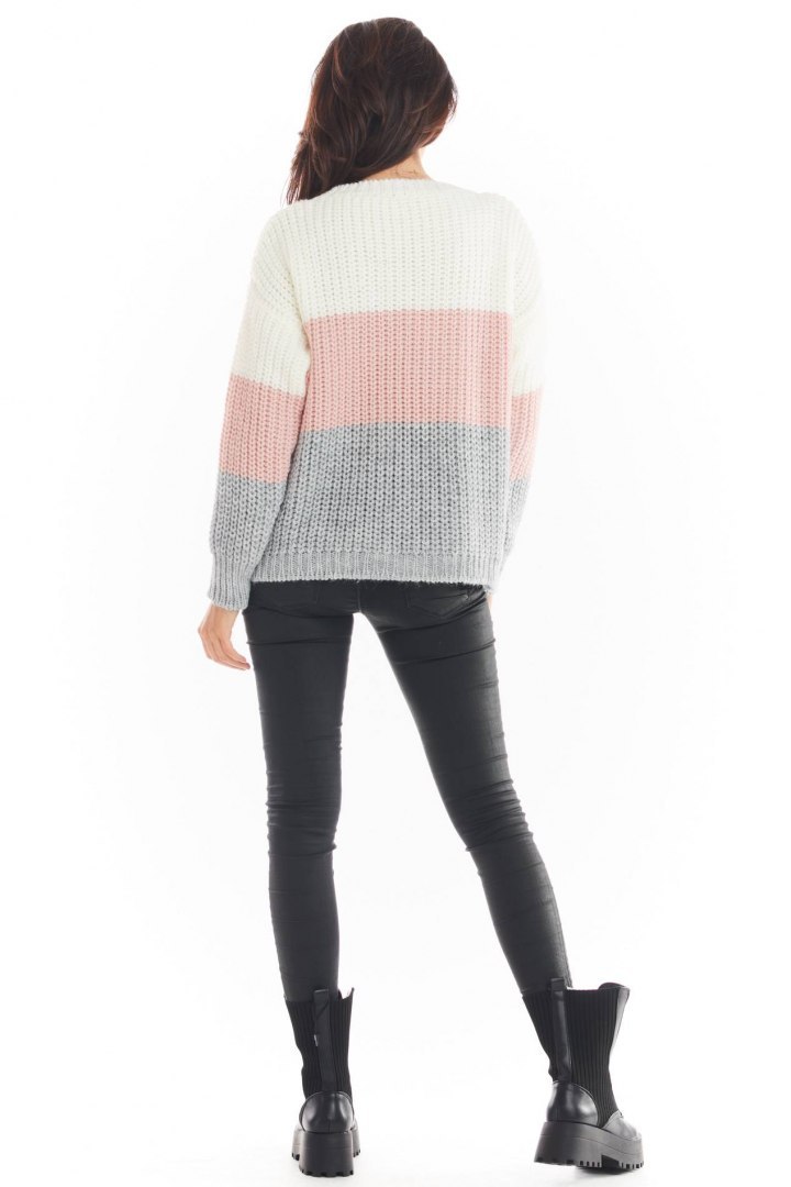 Sweter damski trzykolorowy z dekoltem V i ściągaczem różowy A390 Sweter damski trzykolorowy z dekoltem V i ściągaczem różowy A390