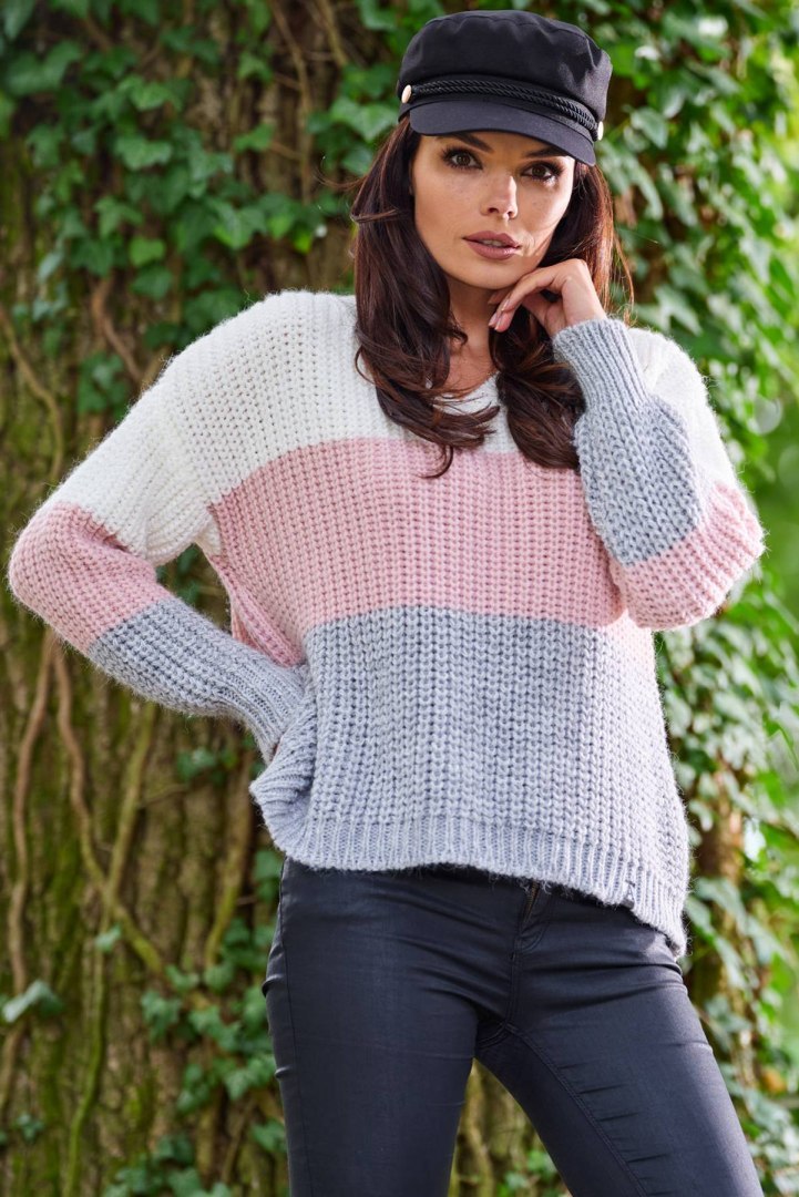 Sweter damski trzykolorowy z dekoltem V i ściągaczem różowy A390 Sweter damski trzykolorowy z dekoltem V i ściągaczem różowy A390