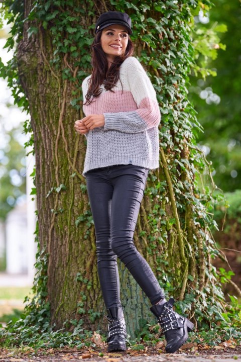 Sweter damski z dekoltem w serek oraz ściągaczami przy rękawach różowy A390 Sweter damski z dekoltem w serek oraz ściągaczami przy rękawach różowy A390