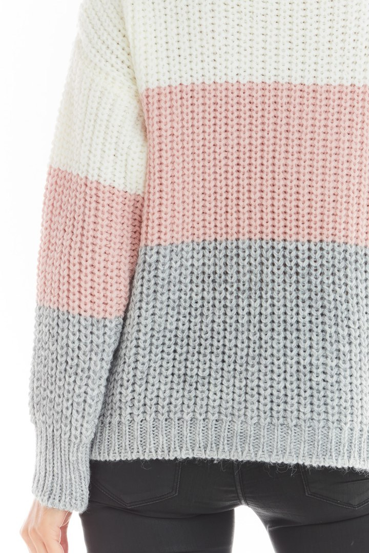 Sweter damski trzykolorowy z dekoltem V i ściągaczem różowy A390 Sweter damski trzykolorowy z dekoltem V i ściągaczem różowy A390