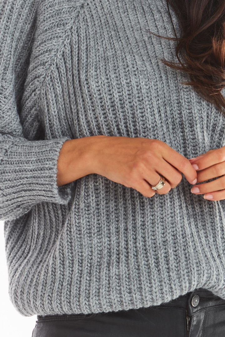 Sweter damski nietoperz gruby z półgolfem luźny szary A389 Sweter damski nietoperz gruby z półgolfem luźny szary A389