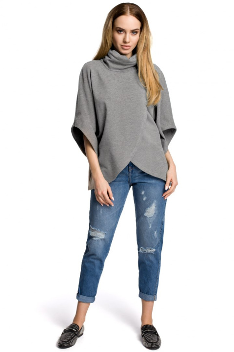 Bluza damska na zakładkę z golfem i krótkim rękawem szara me372 Bluza damska na zakładkę z golfem i krótkim rękawem szara me372