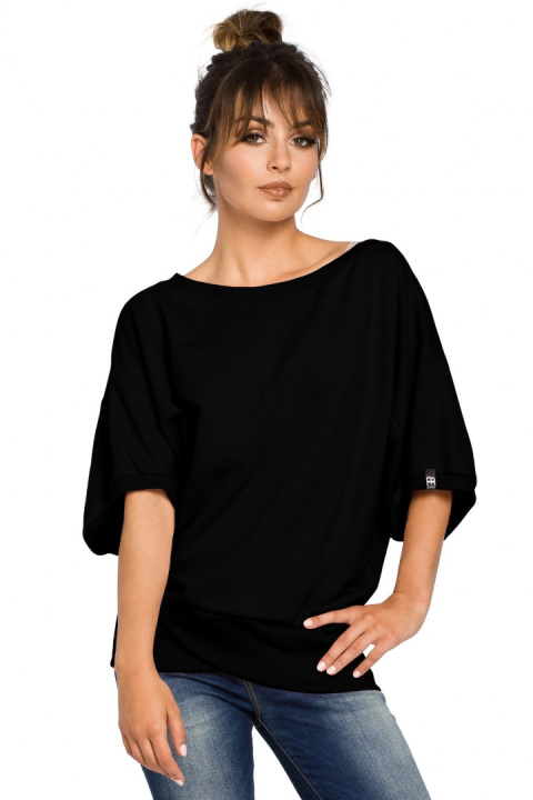 Bluza damska oversize z dzianiny z krótkim rękawem czarna B048