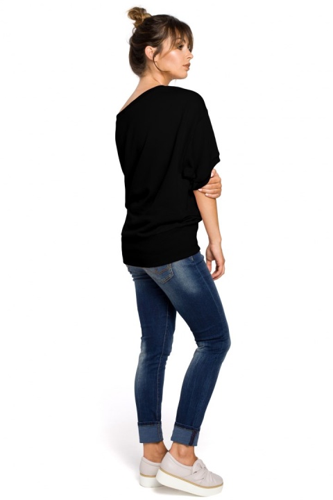 Bluza damska oversize z dzianiny z krótkim rękawem czarna B048 Bluza damska oversize z dzianiny z krótkim rękawem czarna B048