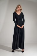 Sukienka maxi rozkloszowana z rozcięciem i dekoltem V czarna M727