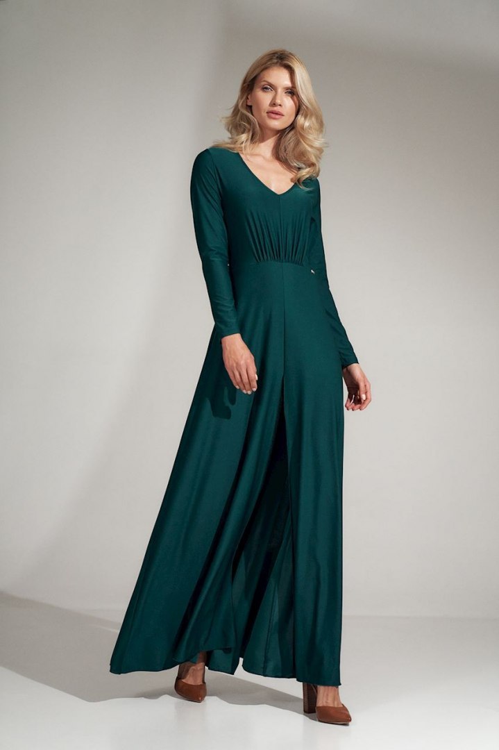Sukienka maxi rozkloszowana z rozcięciem i dekoltem V zielona M727