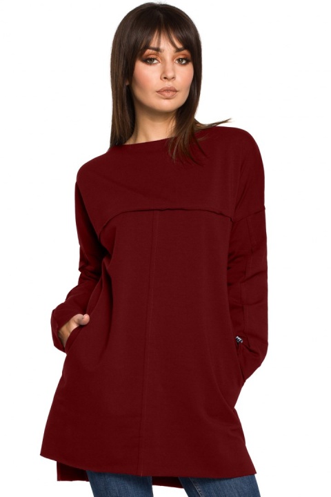 Prosta tunika dresowa mini oversize z długim rękawem bordowa B059 Prosta tunika dresowa mini oversize z długim rękawem bordowa B059