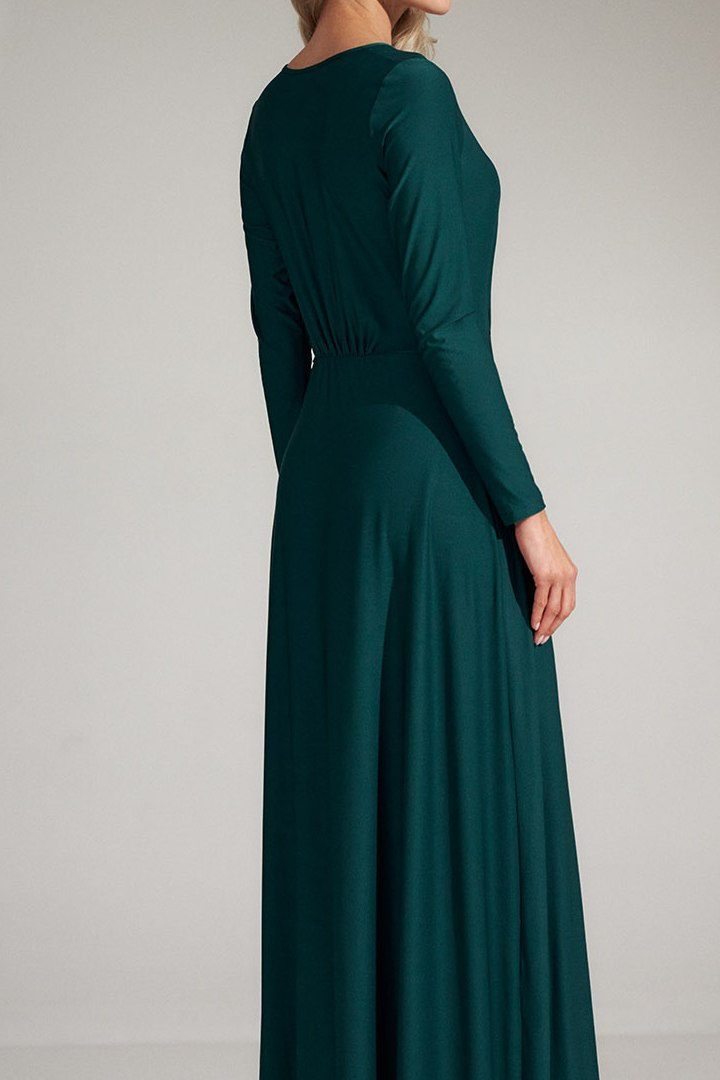 Sukienka maxi rozkloszowana z rozcięciem i dekoltem V zielona M727