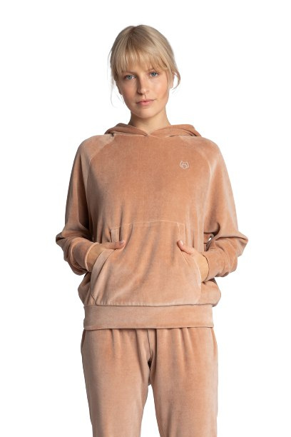 Bluza damska welurowa z kapturem i kieszenią kangurek beżowa LA013 Bluza damska welurowa z kapturem i kieszenią kangurek beżowa LA013