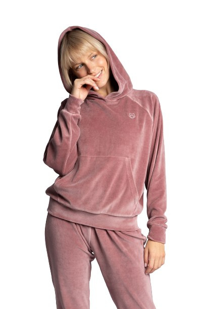 Bluza damska welurowa z kapturem i kieszenią kangurek brudny róż LA013 Bluza damska welurowa z kapturem i kieszenią kangurek brudny róż LA013