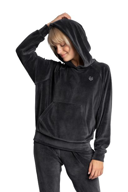 Bluza damska welurowa z kapturem i kieszenią kangurek grafitowa LA013 Bluza damska welurowa z kapturem i kieszenią kangurek grafitowa LA013
