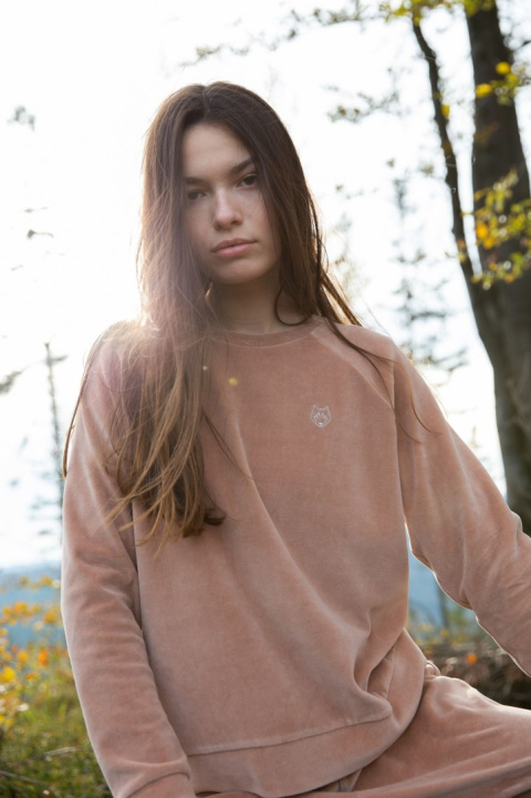 Bluza damska welurowa z reglanowym rękawem i ściągaczem beżowy LA011 Bluza damska welurowa z reglanowym rękawem i ściągaczem beżowy LA011