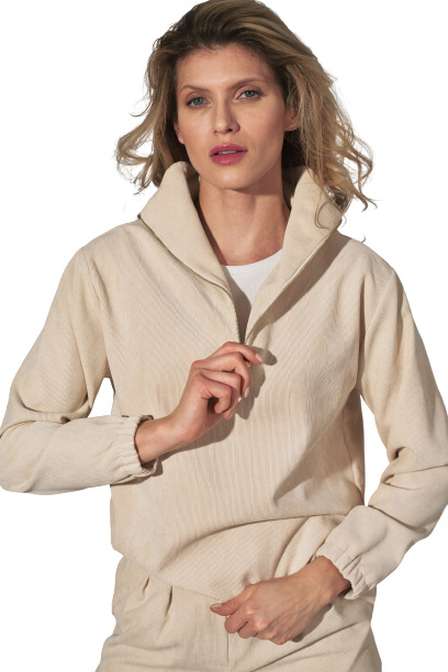 Bluza damska sztruksowa z gumką rozpinana ze stójką beżowa M741 Bluza damska sztruksowa z gumką rozpinana ze stójką beżowa M741
