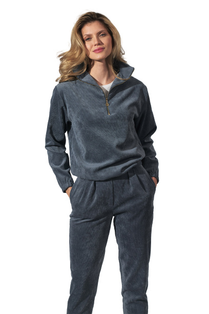 Bluza damska sztruksowa z gumką rozpinana ze stójką niebieska M741 Bluza damska sztruksowa z gumką rozpinana ze stójką niebieska M741