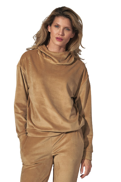 Bluza damska welurowa z kapturem stójką i ściągaczem beżowa M745 Bluza damska welurowa z kapturem stójką i ściągaczem beżowa M745