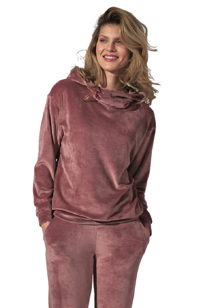Bluza damska welurowa z kapturem stójką i ściągaczem różowa M745 Bluza damska welurowa z kapturem stójką i ściągaczem różowa M745