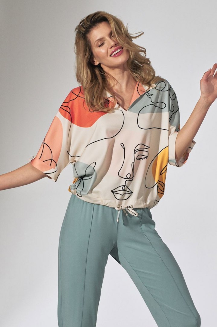 Bluzka damska kimono z nadrukiem z krótkim rękawem dekolt V w123 M744 Bluzka damska kimono z nadrukiem z krótkim rękawem dekolt V w123 M744