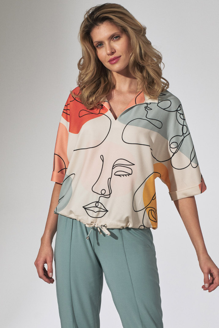 Bluzka damska kimono z nadrukiem z krótkim rękawem dekolt V w123 M744 Bluzka damska kimono z nadrukiem z krótkim rękawem dekolt V w123 M744