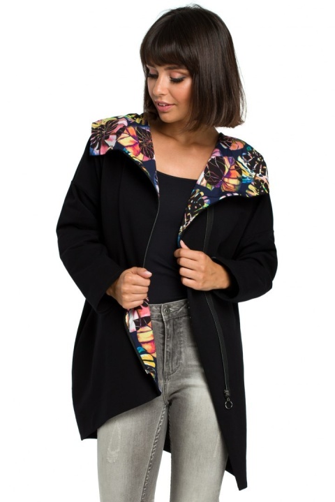 Bluza damska oversize z kapturem rozpinana na skos S/M; L/XL czarna B091 Bluza damska oversize z kapturem rozpinana na skos S/M; L/XL czarna B091