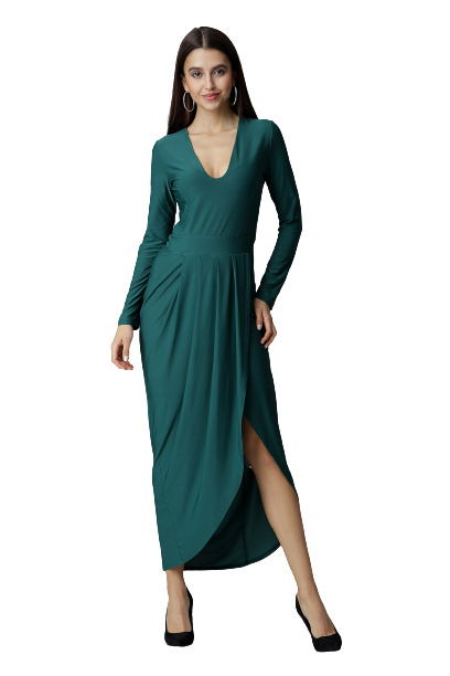 Elegancka sukienka maxi z długim rękawem i dekoltem V zielona M636 Elegancka sukienka maxi z długim rękawem i dekoltem V zielona M636