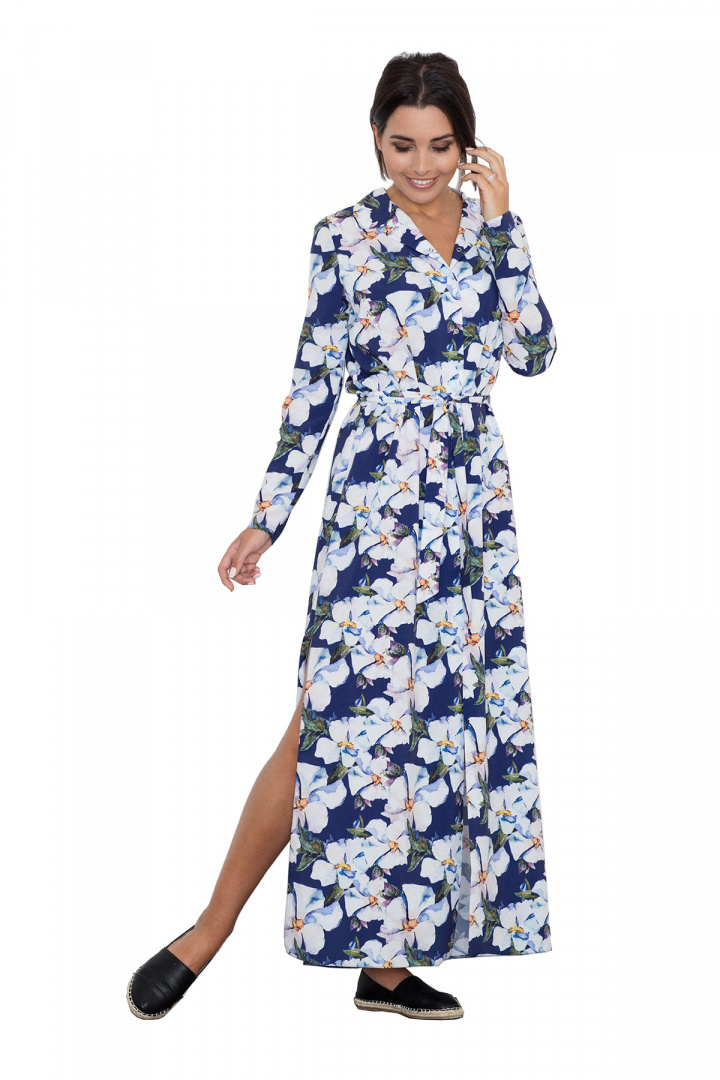 Letnia sukienka maxi w kwiaty z rozcięciami i wiązaniem wzór 71 M567 Letnia sukienka maxi w kwiaty z rozcięciami i wiązaniem wzór 71 M567