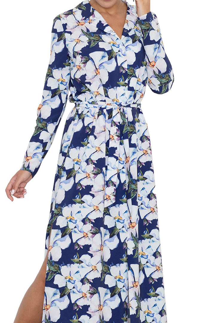 Letnia sukienka maxi w kwiaty z rozcięciami i wiązaniem wzór 71 M567 Letnia sukienka maxi w kwiaty z rozcięciami i wiązaniem wzór 71 M567
