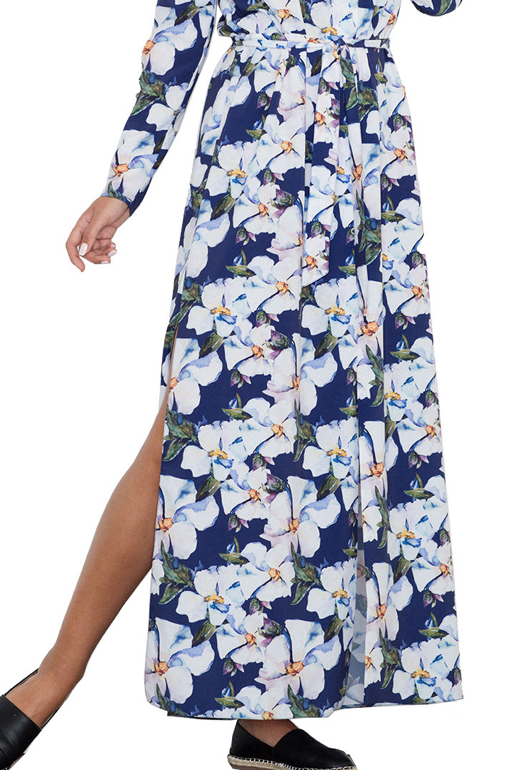 Letnia sukienka maxi w kwiaty z rozcięciami i wiązaniem wzór 71 M567 Letnia sukienka maxi w kwiaty z rozcięciami i wiązaniem wzór 71 M567