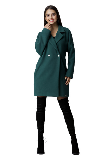 Luźny płaszcz damski dwurzędowy z kimonowymi rękawami zielony M625