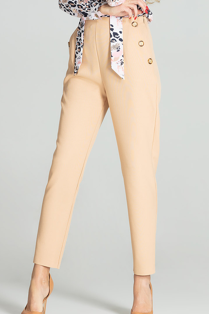 Spodnie damskie z wysokim stanem lekko zwężane nogawki beżowe M696