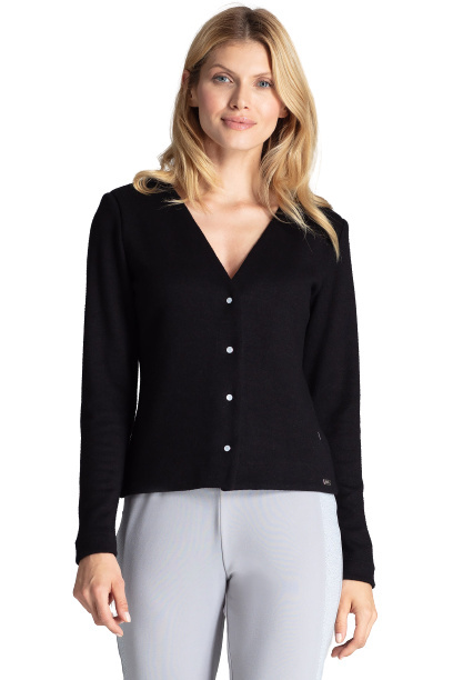 Sweter damski z wiskozy rozpinany z dekoltem w serek czarny M683 Sweter damski z wiskozy rozpinany z dekoltem w serek czarny M683
