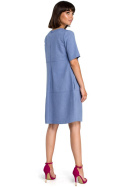 Zwiewna sukienka letnia bombka midi z krótkim rękawem niebieska r.M B082