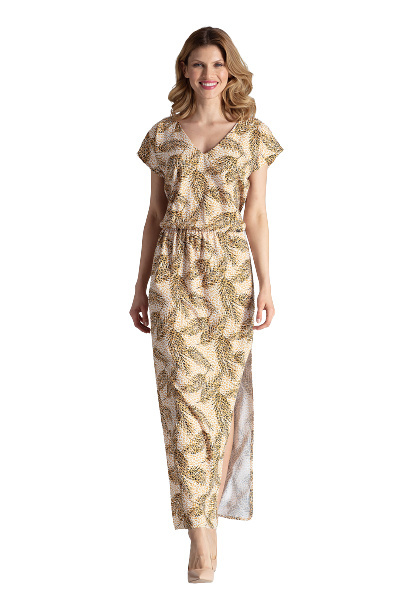 Zwiewna sukienka maxi z gumką w pasie i dekoltem V wzór 106 M668