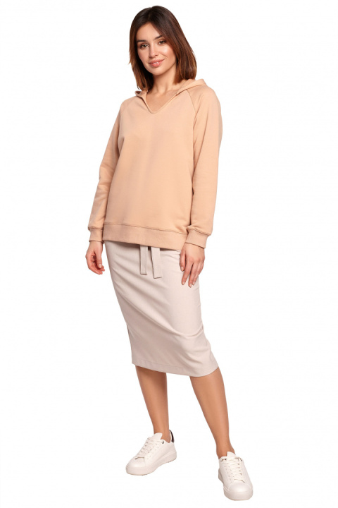 Bluza damska prosta bawełniana z kapturem i dekoltem beżowa B189 Bluza damska prosta bawełniana z kapturem i dekoltem beżowa B189