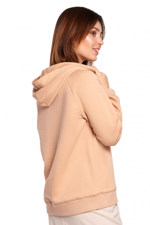 Bluza damska prosta bawełniana z kapturem i dekoltem beżowa B189 Bluza damska prosta bawełniana z kapturem i dekoltem beżowa B189