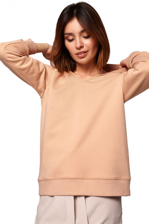Bluza damska prosta bawełniana z kapturem i dekoltem beżowa B189 Bluza damska prosta bawełniana z kapturem i dekoltem beżowa B189