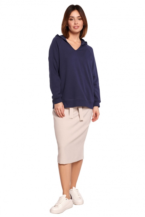 Bluza damska prosta bawełniana z kapturem i dekoltem niebieska B189 Bluza damska prosta bawełniana z kapturem i dekoltem niebieska B189