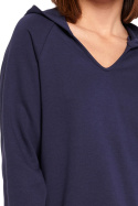 Bluza damska prosta bawełniana z kapturem i dekoltem niebieska B189